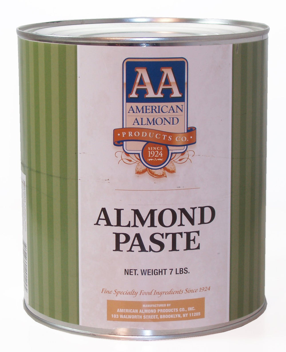 Free 2b front packaging of 7-pound almond paste tub showing label and size benefit