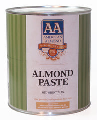 Free 2b front packaging of 7-pound almond paste tub showing label and size benefit