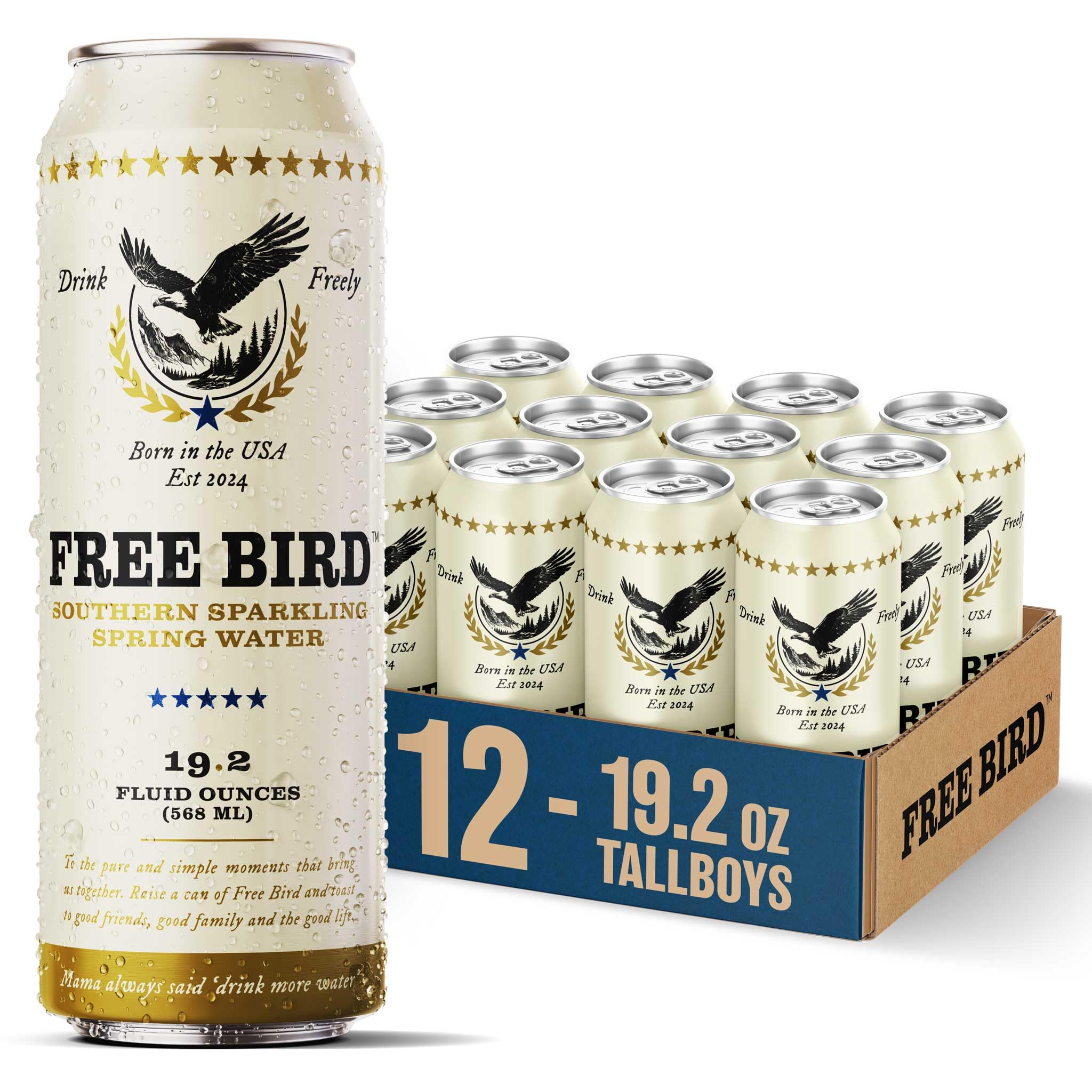 Free Bird front packaging showing 12-pack tallboy cans and portability benefit