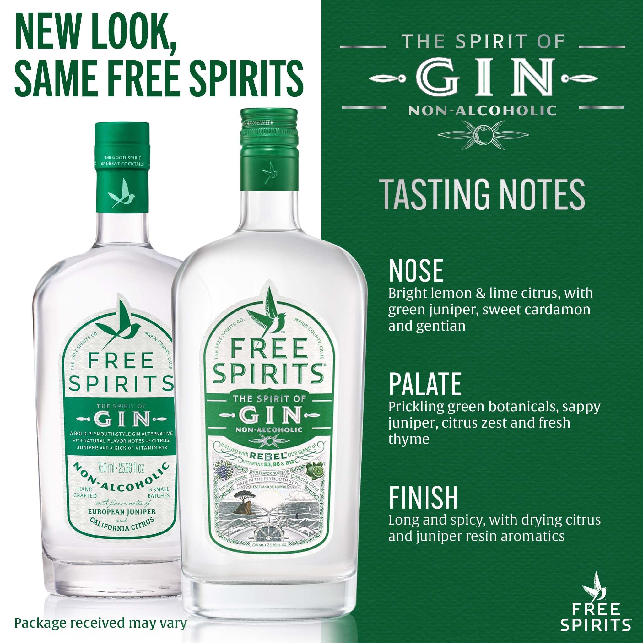 Close-up of The Free Spirits Company label highlighting botanical details and craft presentation benefits