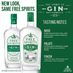 Close-up of The Free Spirits Company label highlighting botanical details and craft presentation benefits