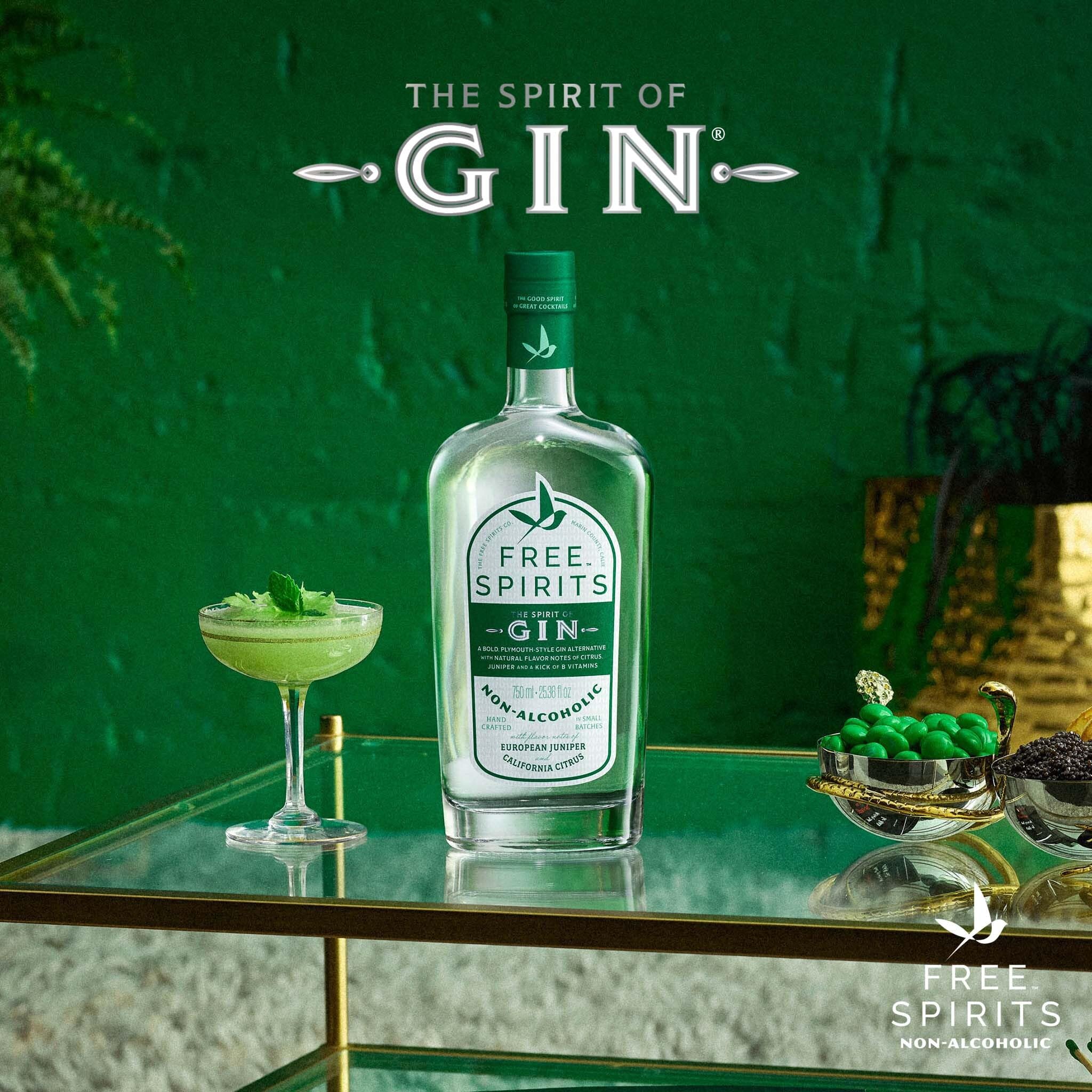 Free Spirits 750 mL bottle beside a standard gin bottle for scale, illustrating generous serving capacity