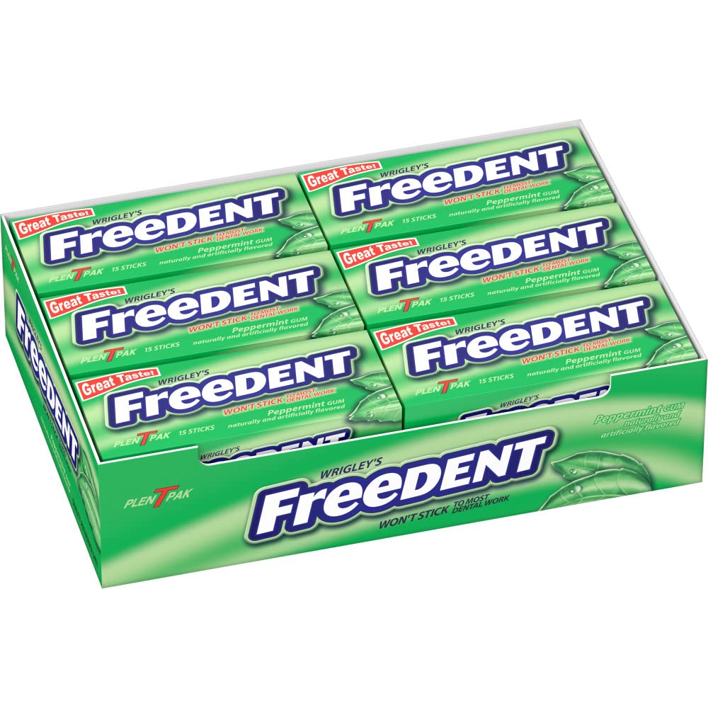 Freedent pack front view showing peppermint sticks and fresh look benefit