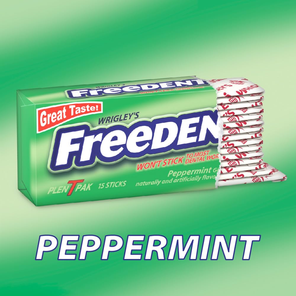 Opened single pack of Freedent displaying 15 wrapped sticks for convenience
