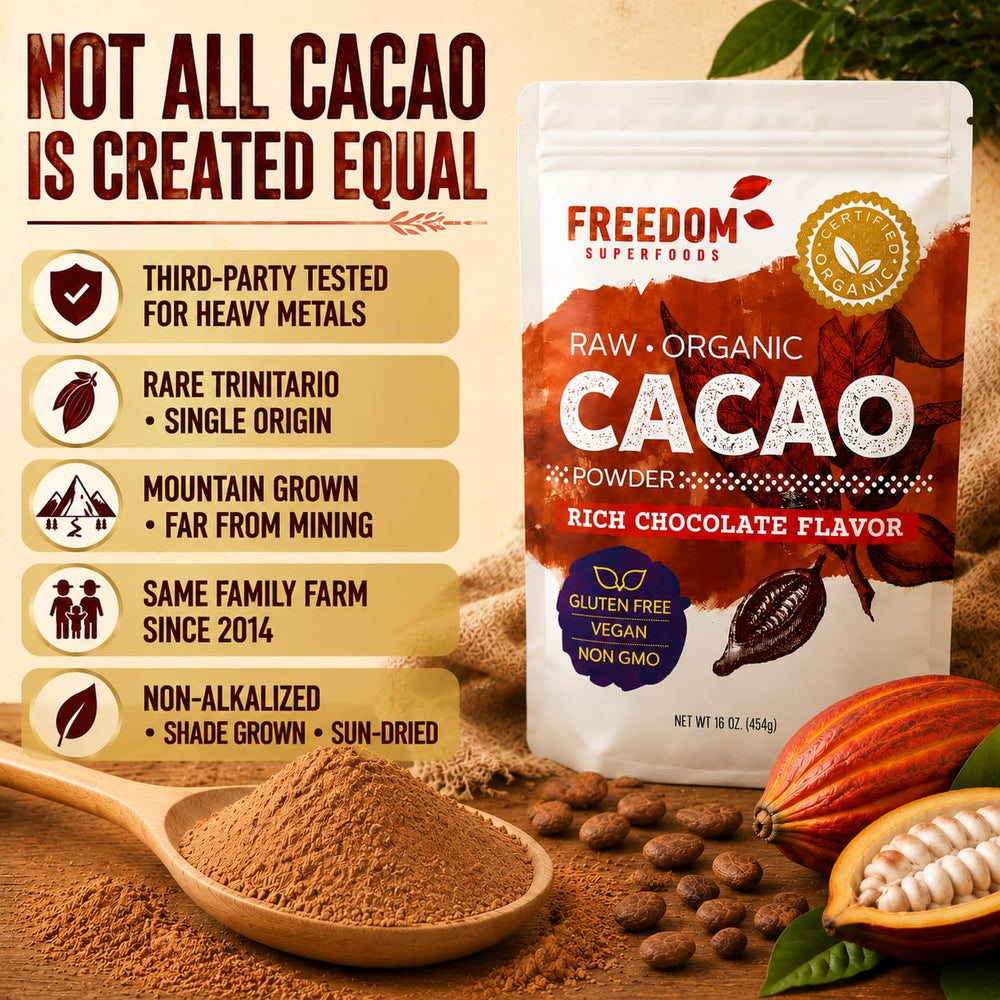 Freedom Superfoods powder close-up revealing fine texture and mixability benefit