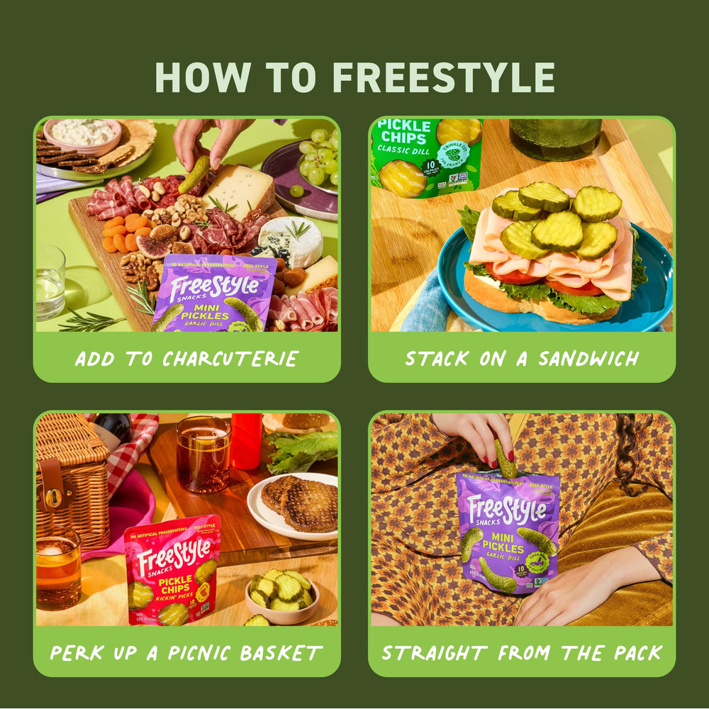 Freestyle Snacks close-up of pickle texture and crunch highlighting fresh-packed quality