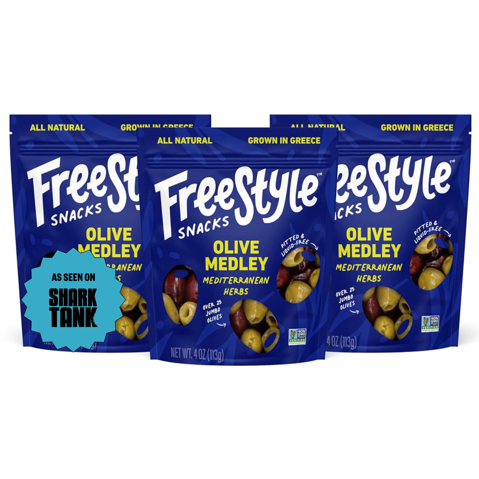 Freestyle Snacks front packaging showing Mediterranean Herb olives and convenience