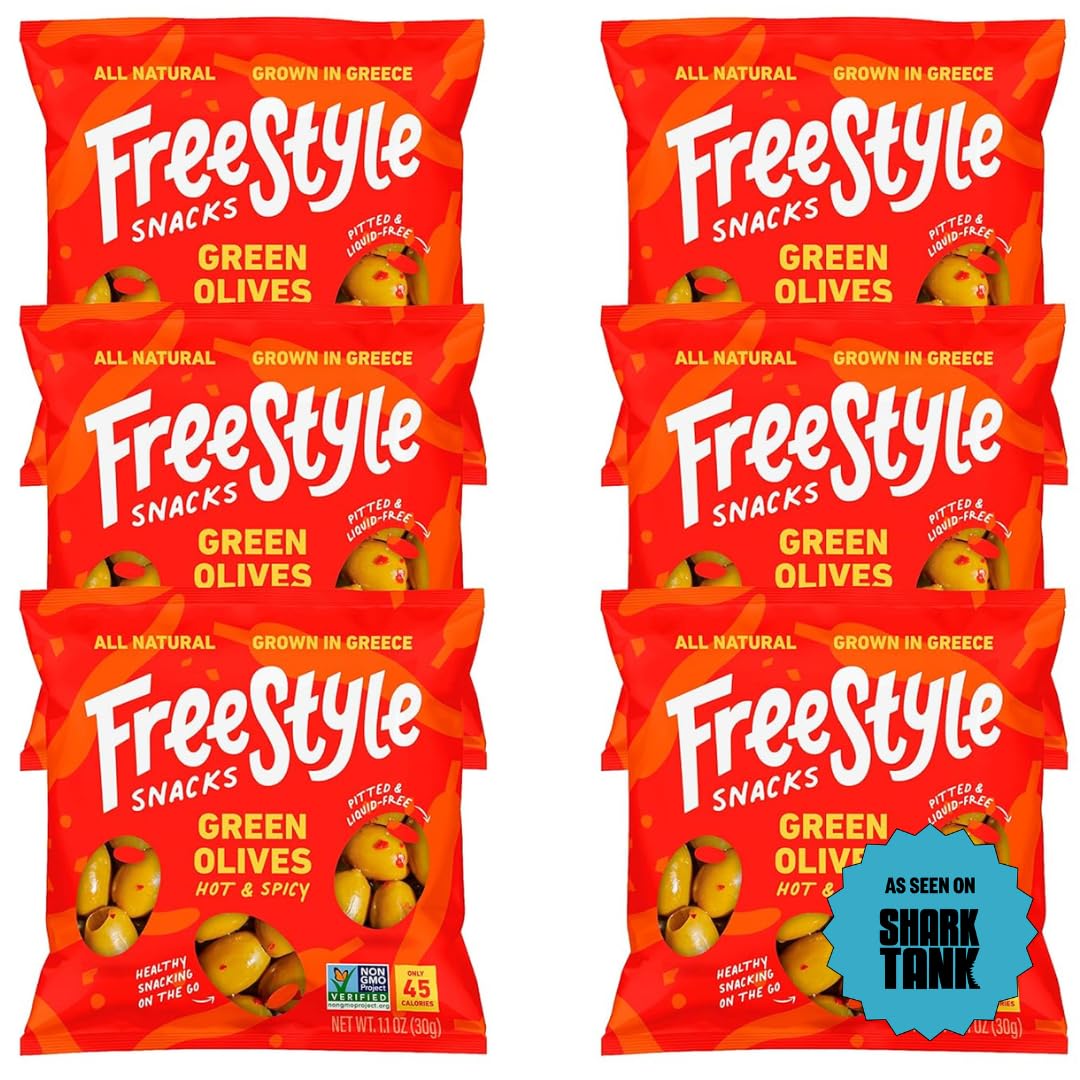 Freestyle Snacks front packaging showing six single-serve olive pouches and branding benefit portability