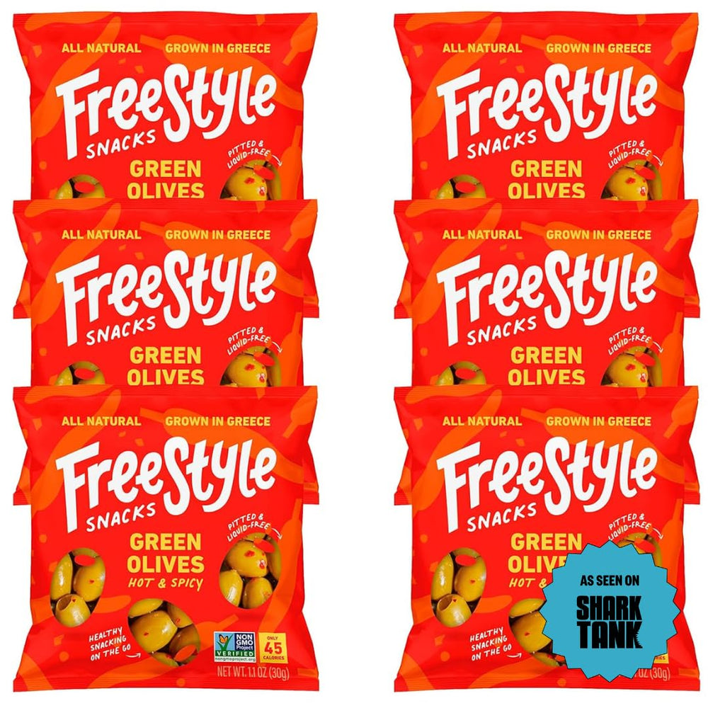 Freestyle Snacks front packaging showing six single-serve olive pouches and branding benefit portability
