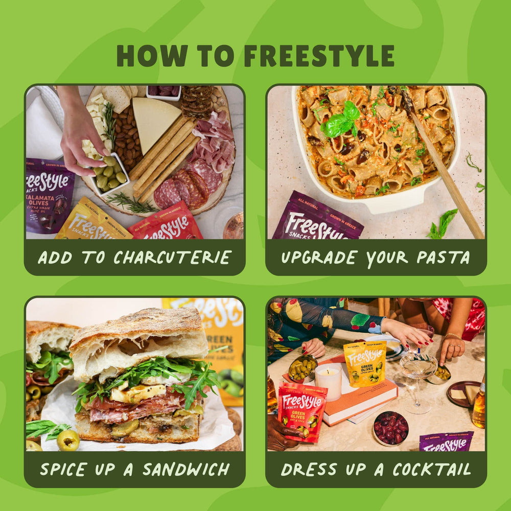 Freestyle Snacks green olive close-up showing glossy finish and natural seasoning