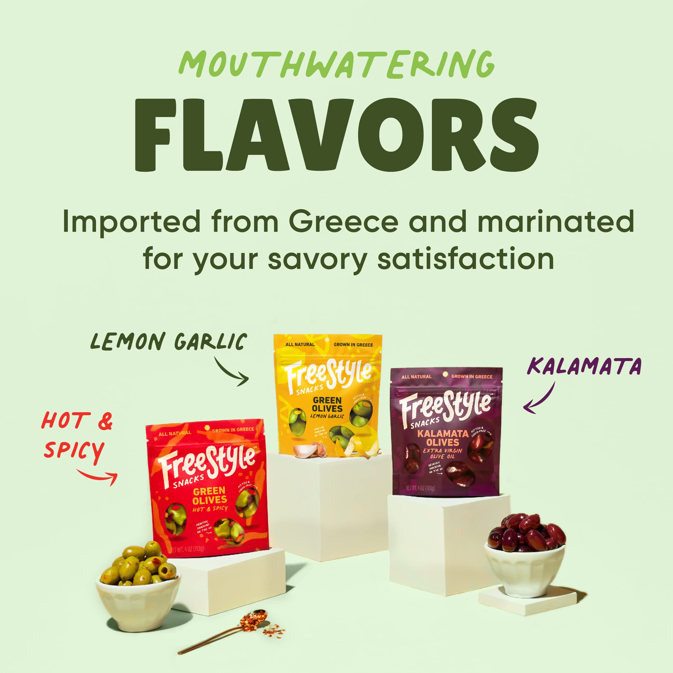 Freestyle Snacks Kalamata olive close-up highlighting texture and bold flavor