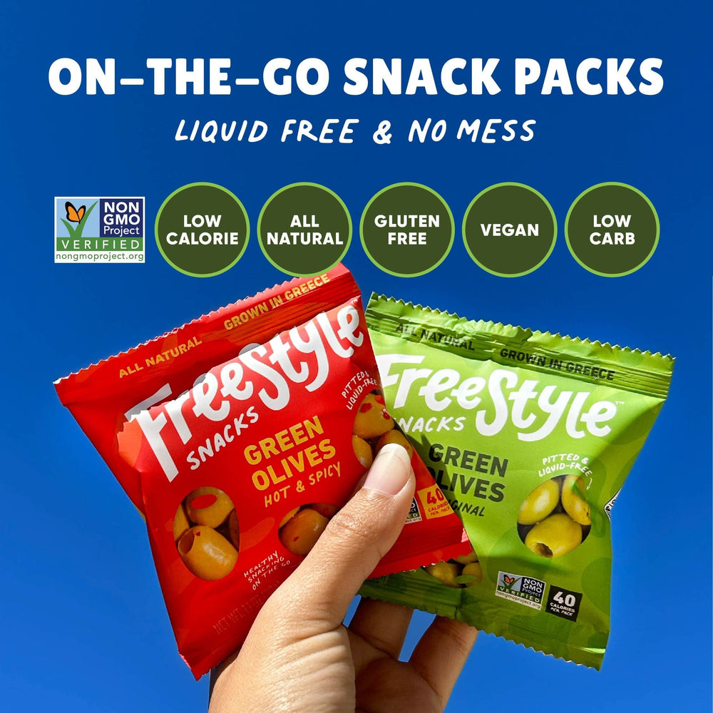 Freestyle Snacks olives poured on salad adding savory flavor and convenient topping
