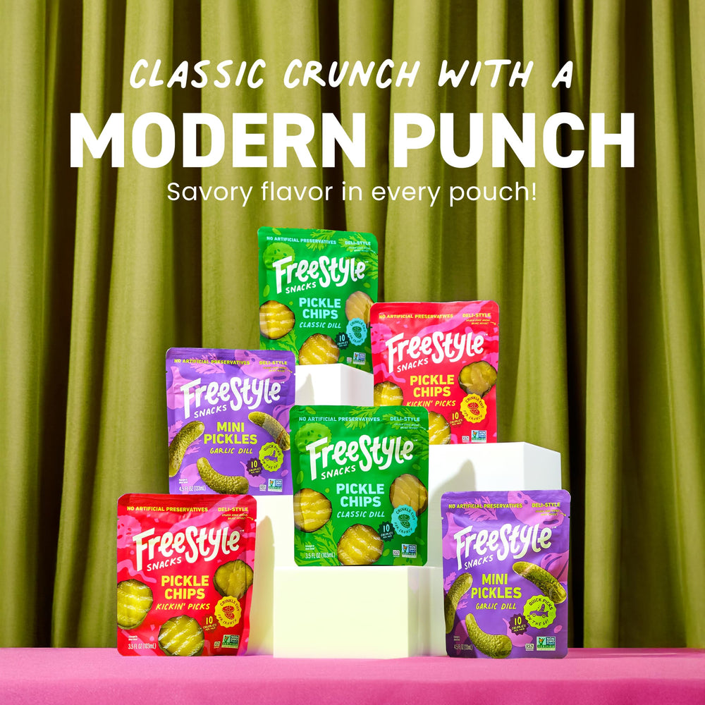 Freestyle Snacks open pouch with pickle slices ready to eat, portable and resealable benefit