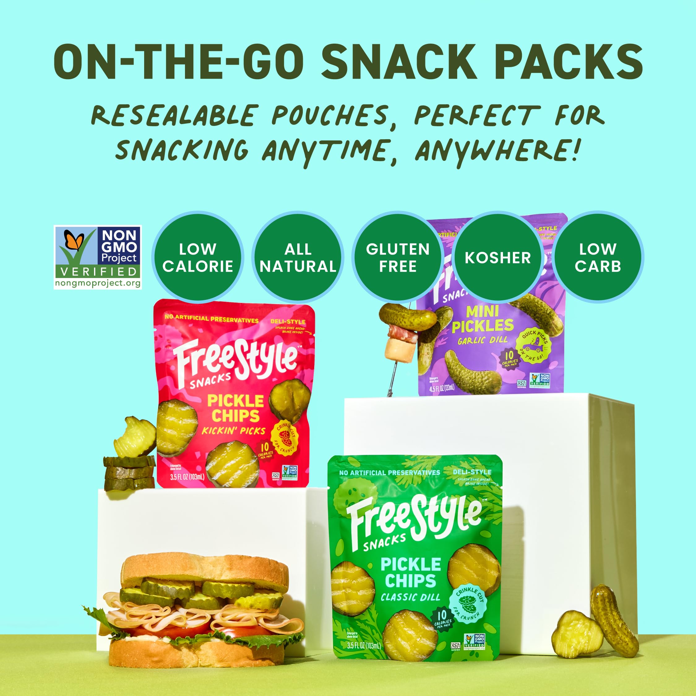 Freestyle Snacks pouch held in hand to show 3.5 ounce scale for portion control