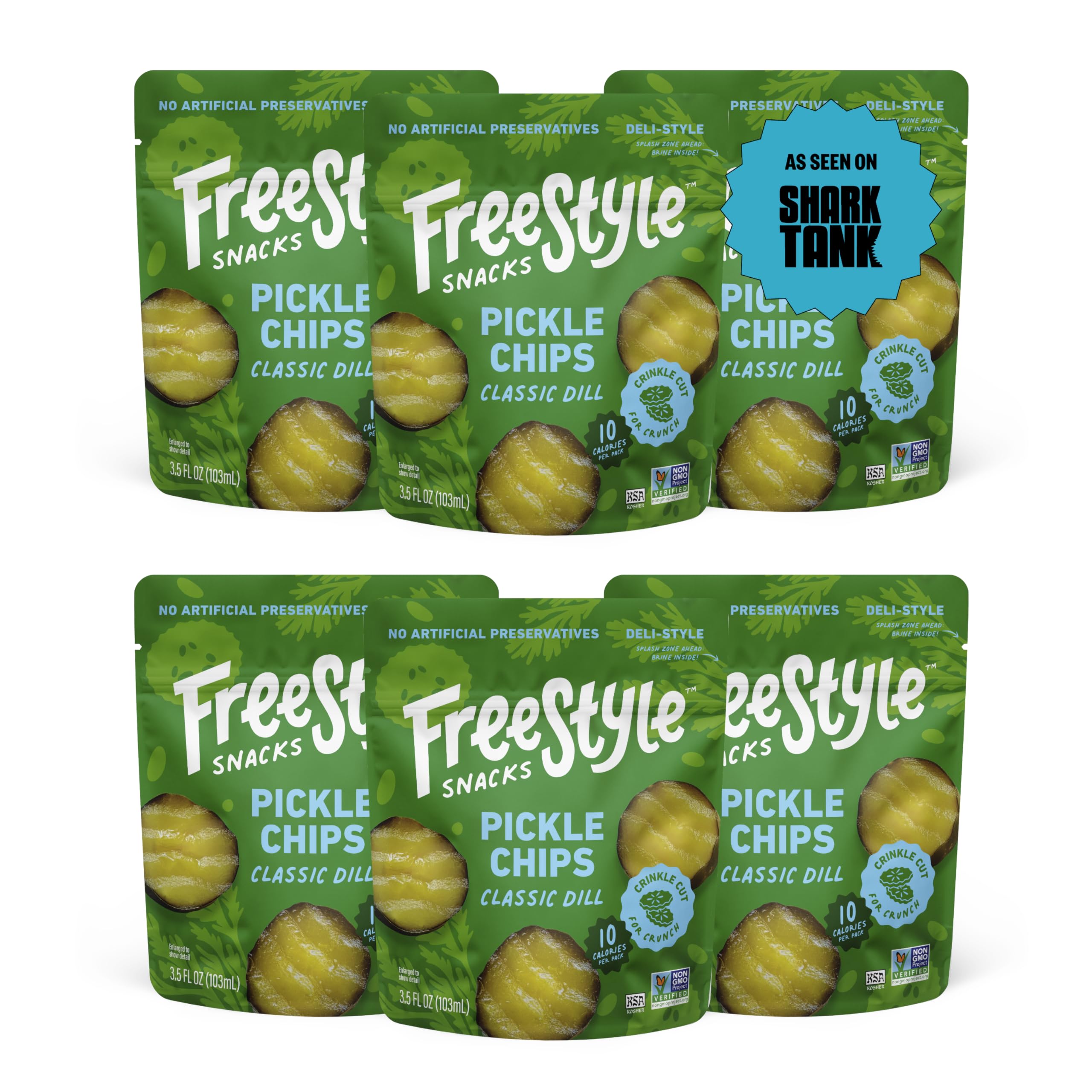 Freestyle Snacks front pouch showing classic dill branding and resealable benefit