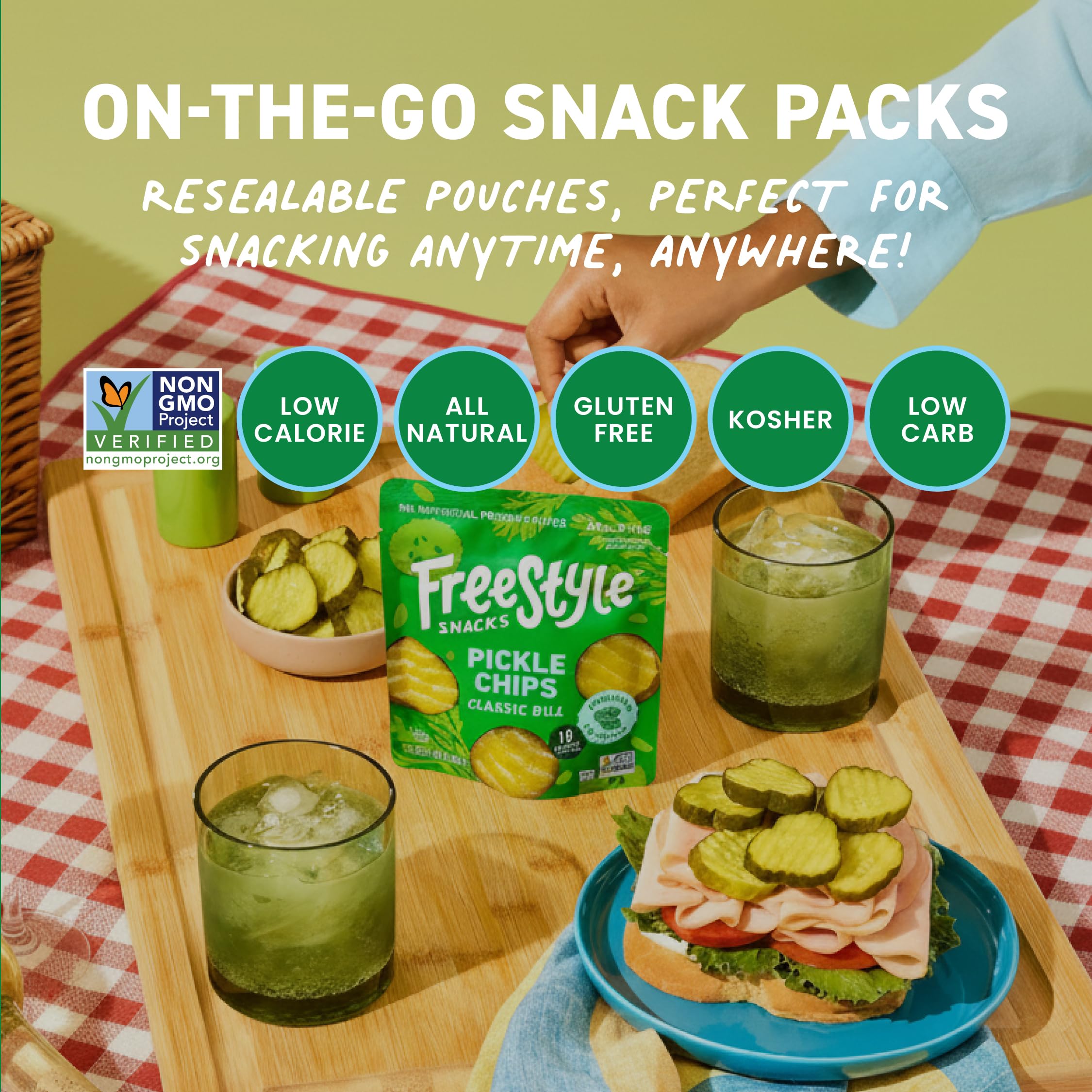 Freestyle Snacks pouch next to a hand for scale, illustrating convenient portion size
