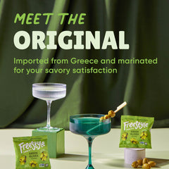 Freestyle Snacks single olive held above pouch highlighting flavor