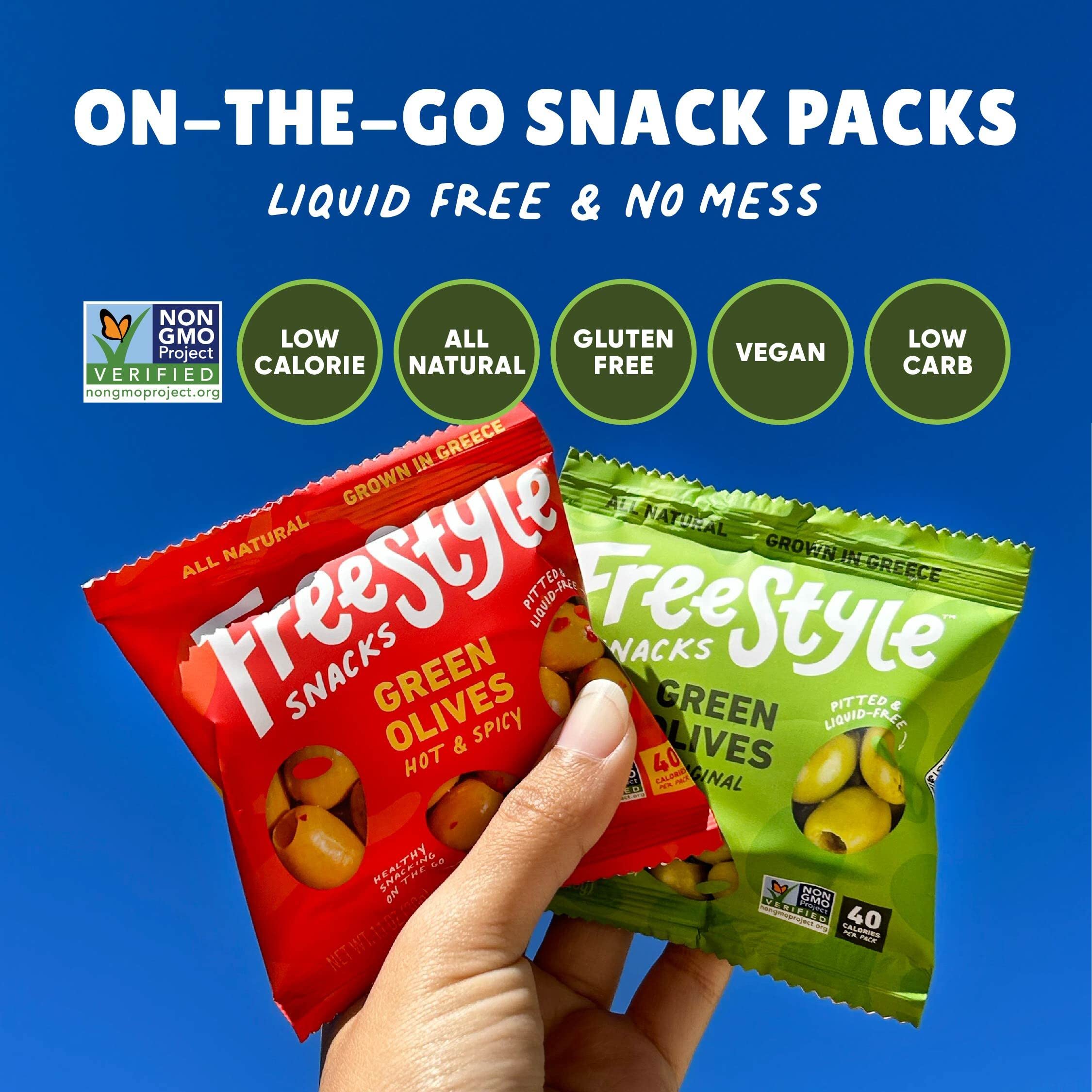 Freestyle Snacks open pouch with olives ready to eat for portability