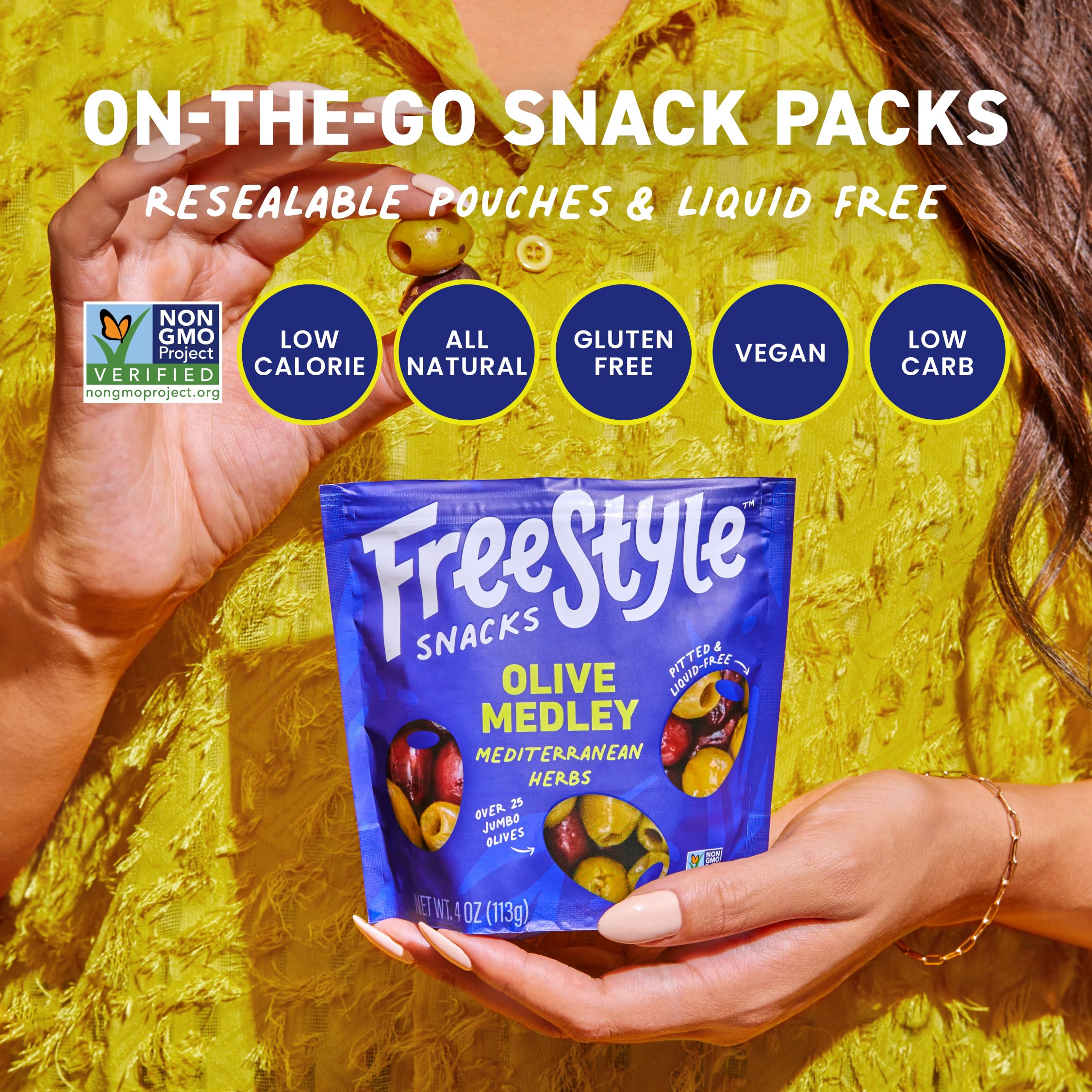 Freestyle Snacks pouch in hand demonstrating portable, mess-free snack
