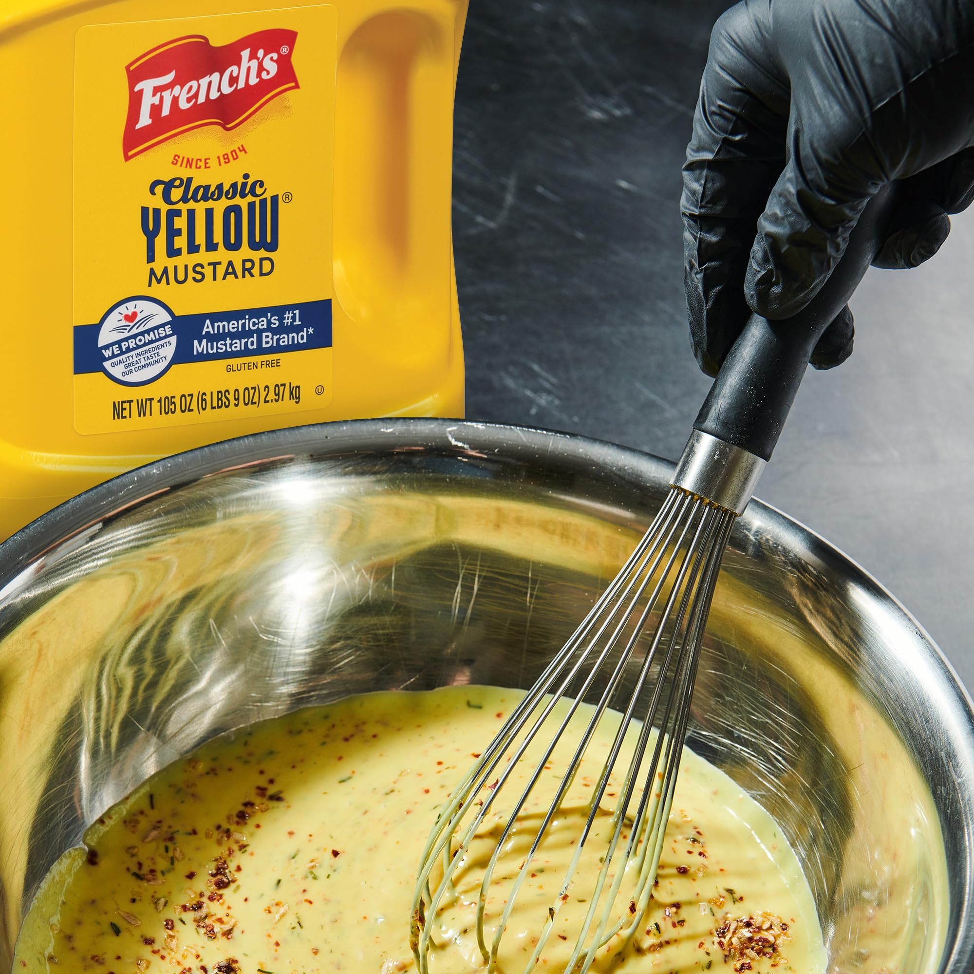 French's mustard on a burger to show vibrant color improving plate appeal