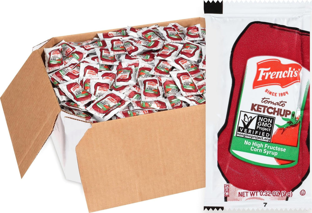 French's front packaging showing box of 1,000 ketchup packets and quick stocking benefit