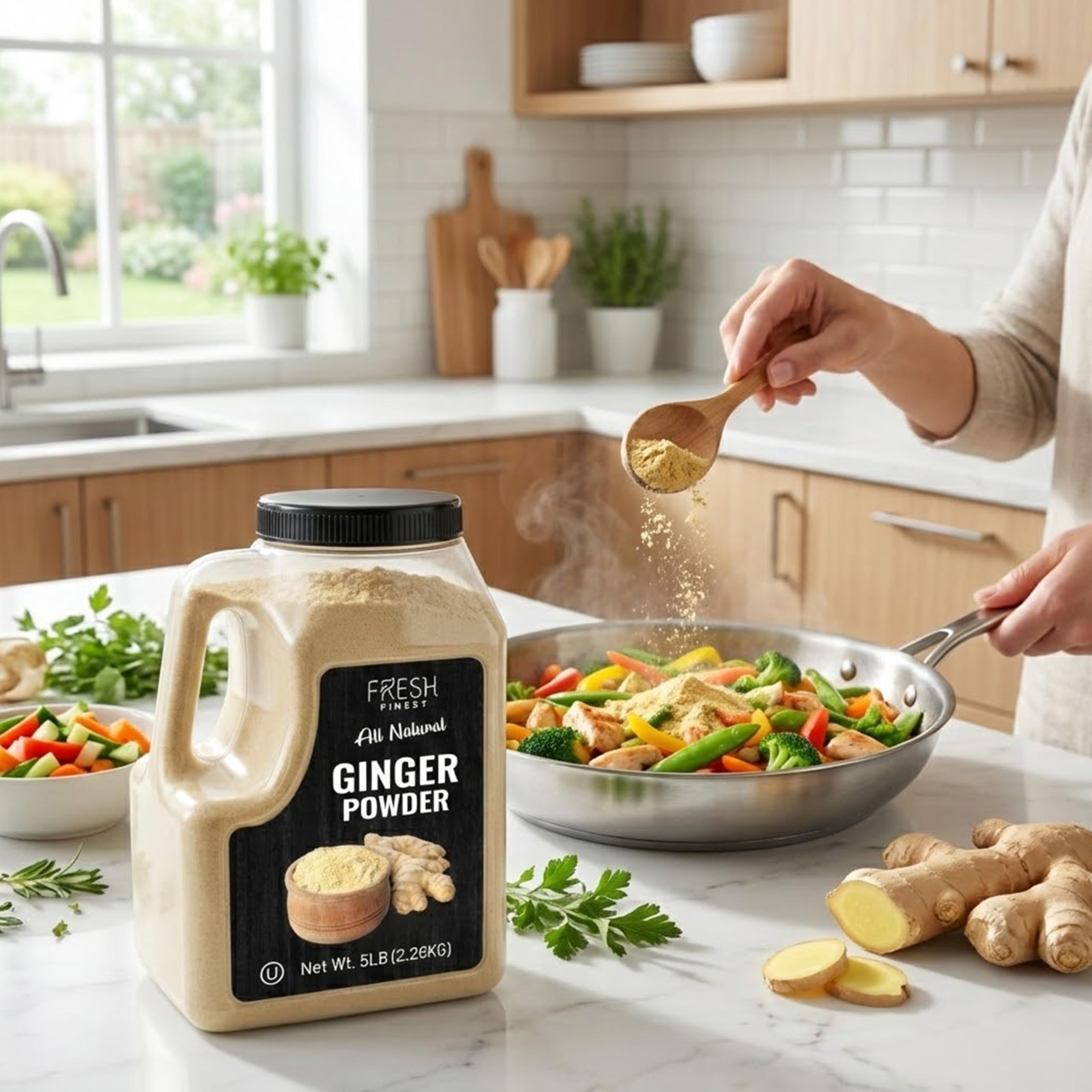 Fresh Finest label and ingredient panel close-up highlighting pure ginger root content