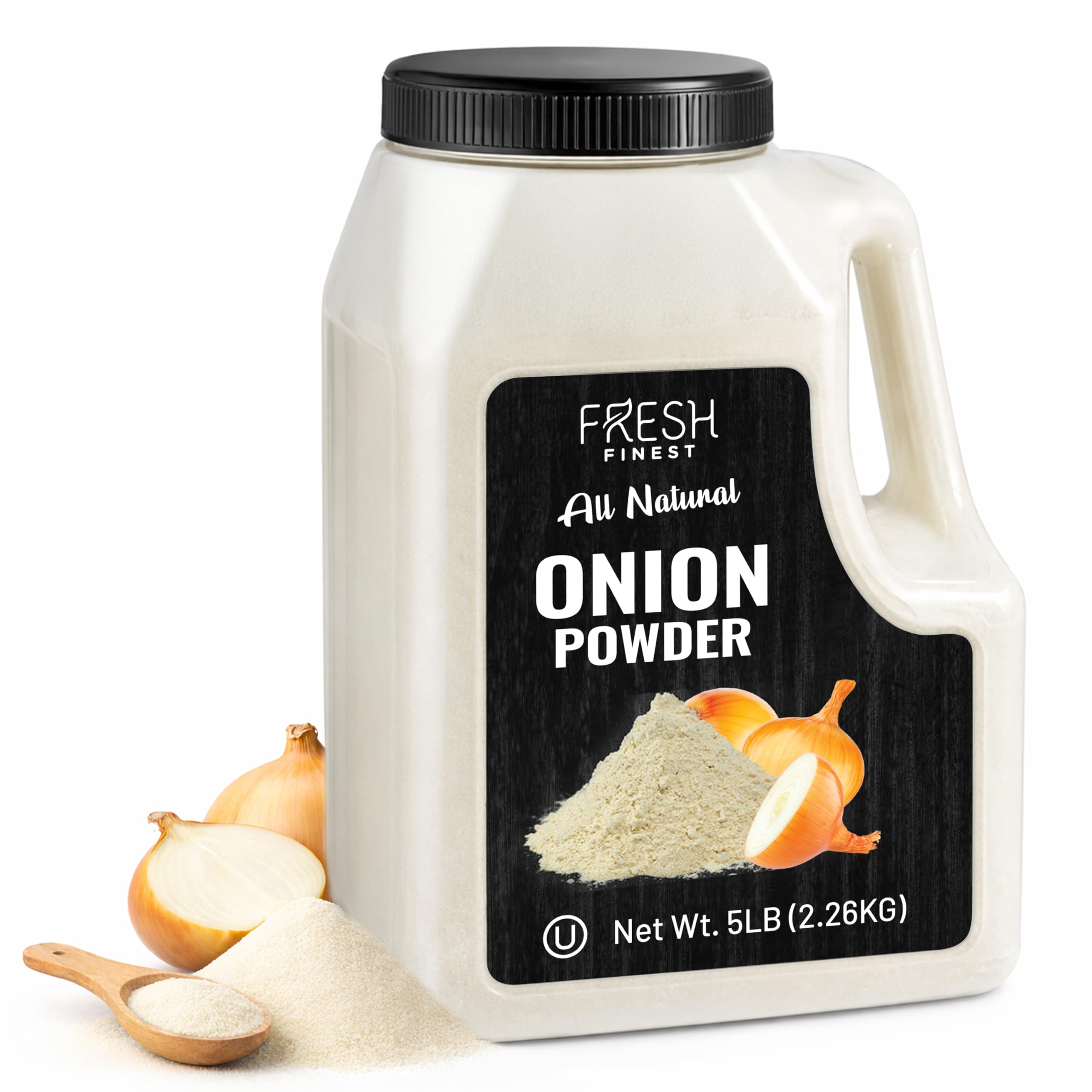 Fresh Finest open container revealing fine onion powder and airtight sealing for freshness