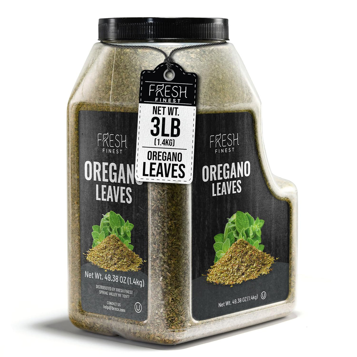 Fresh Finest front jar showing 49.38 oz bulk oregano and clear labeling benefit: long-lasting supply