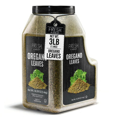 Fresh Finest front jar showing 49.38 oz bulk oregano and clear labeling benefit: long-lasting supply
