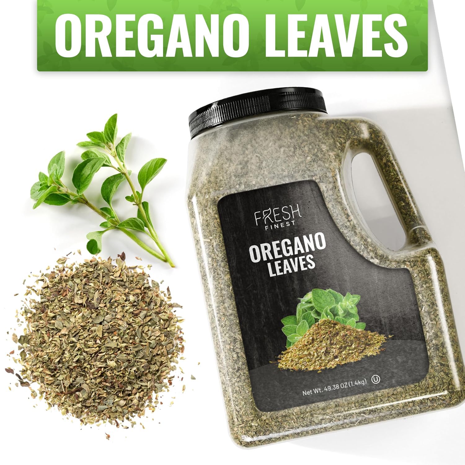 Fresh Finest oregano sprinkled over pizza to showcase use, benefit: enhances Mediterranean dishes