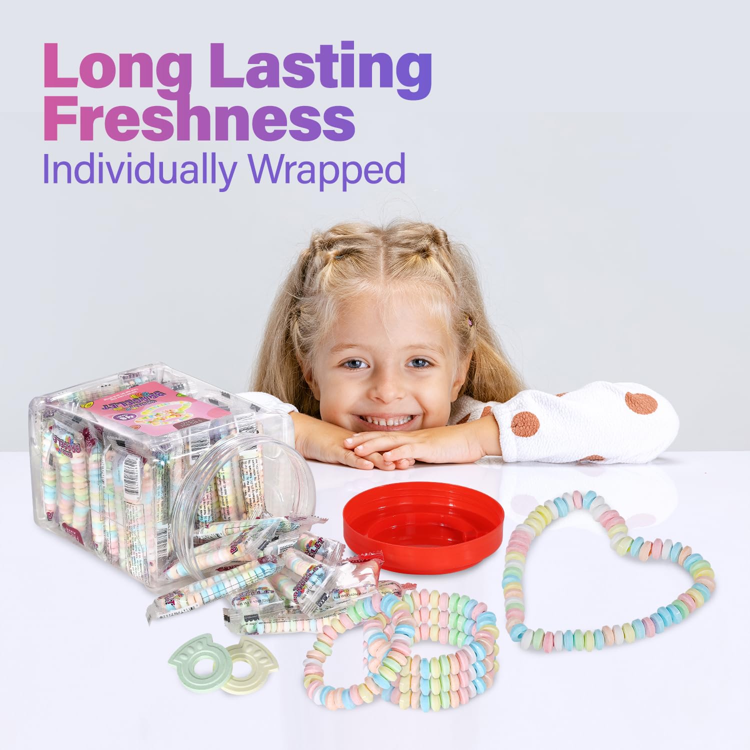 Fresh Finest candy jar on party table showing ready-to-serve favor convenience benefit