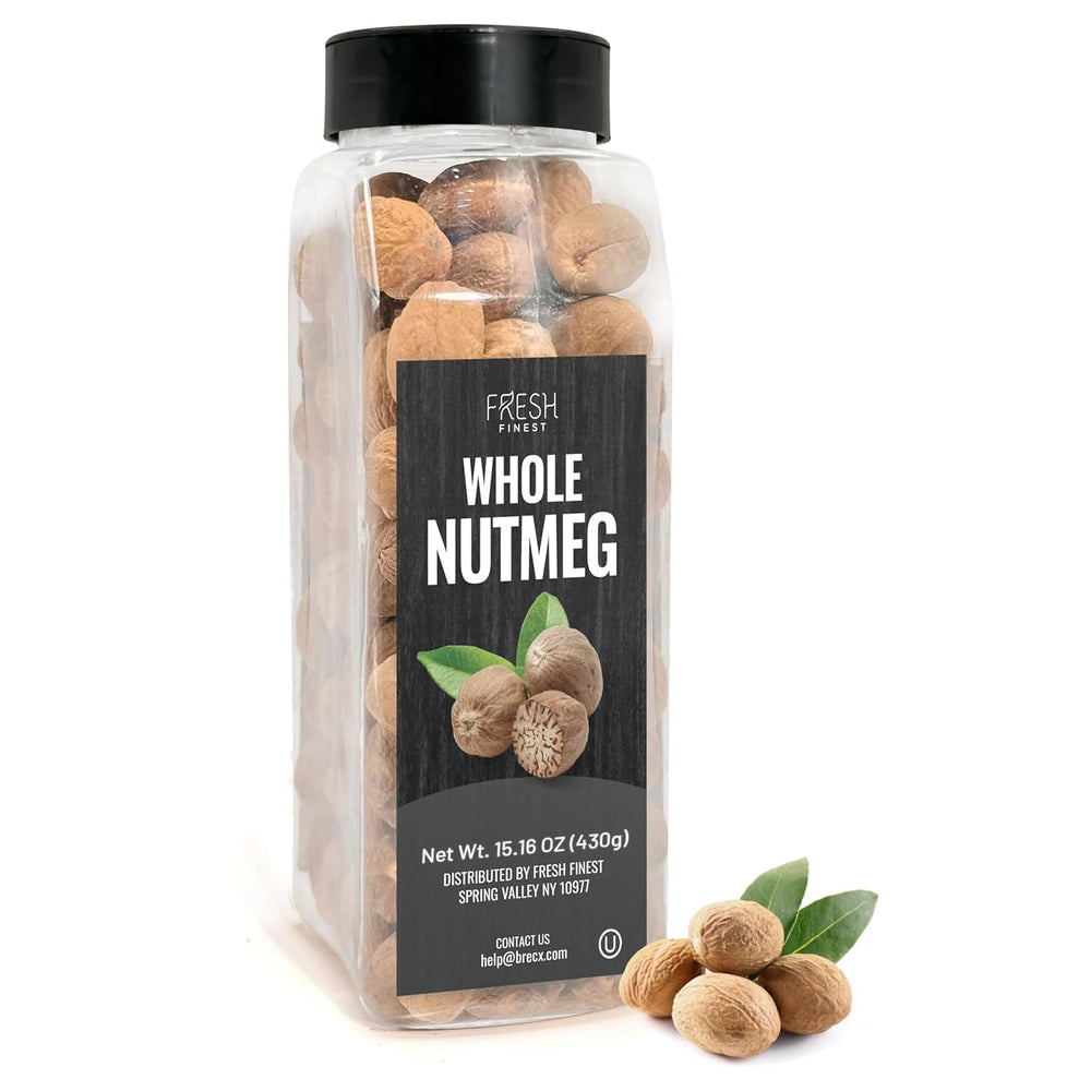 Fresh Finest front packaging showing 15.1 oz whole nutmeg, fresh aroma benefit