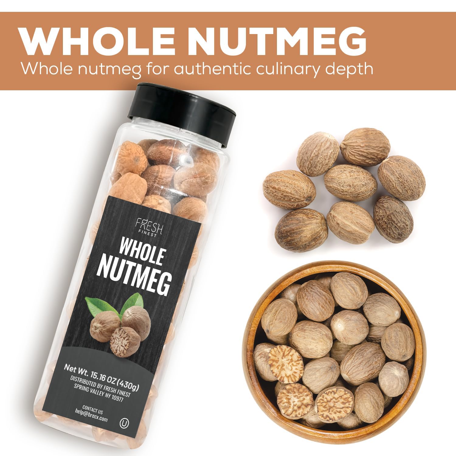Fresh Finest whole nutmeg beside a tablespoon, clear size and portion benefit