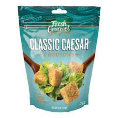 Fresh Gourmet front packaging showing Classic Caesar 5 oz bag with clear resealable feature for convenience