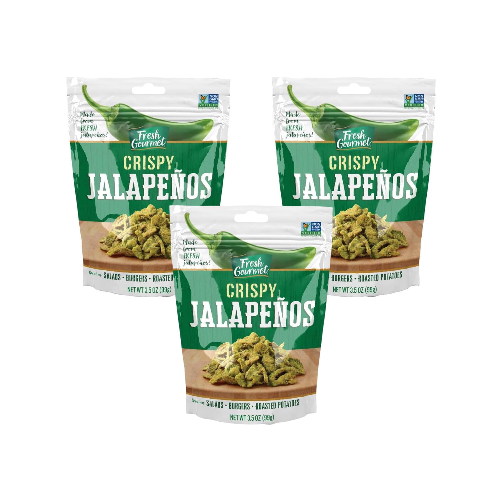 Fresh Gourmet front packaging showing crispy jalapenos and brand benefit of ready crunch