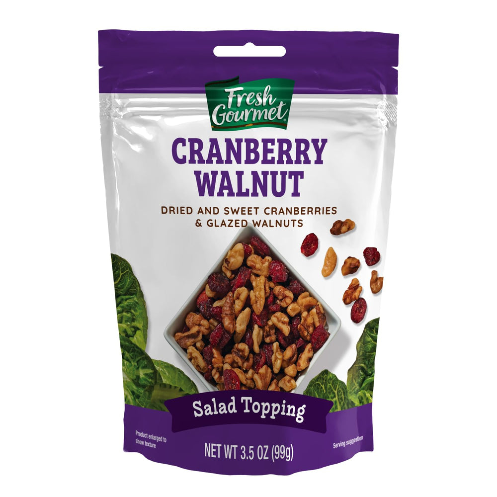 Fresh Gourmet front packaging showing cranberries and glazed walnuts, ready-to-use topping