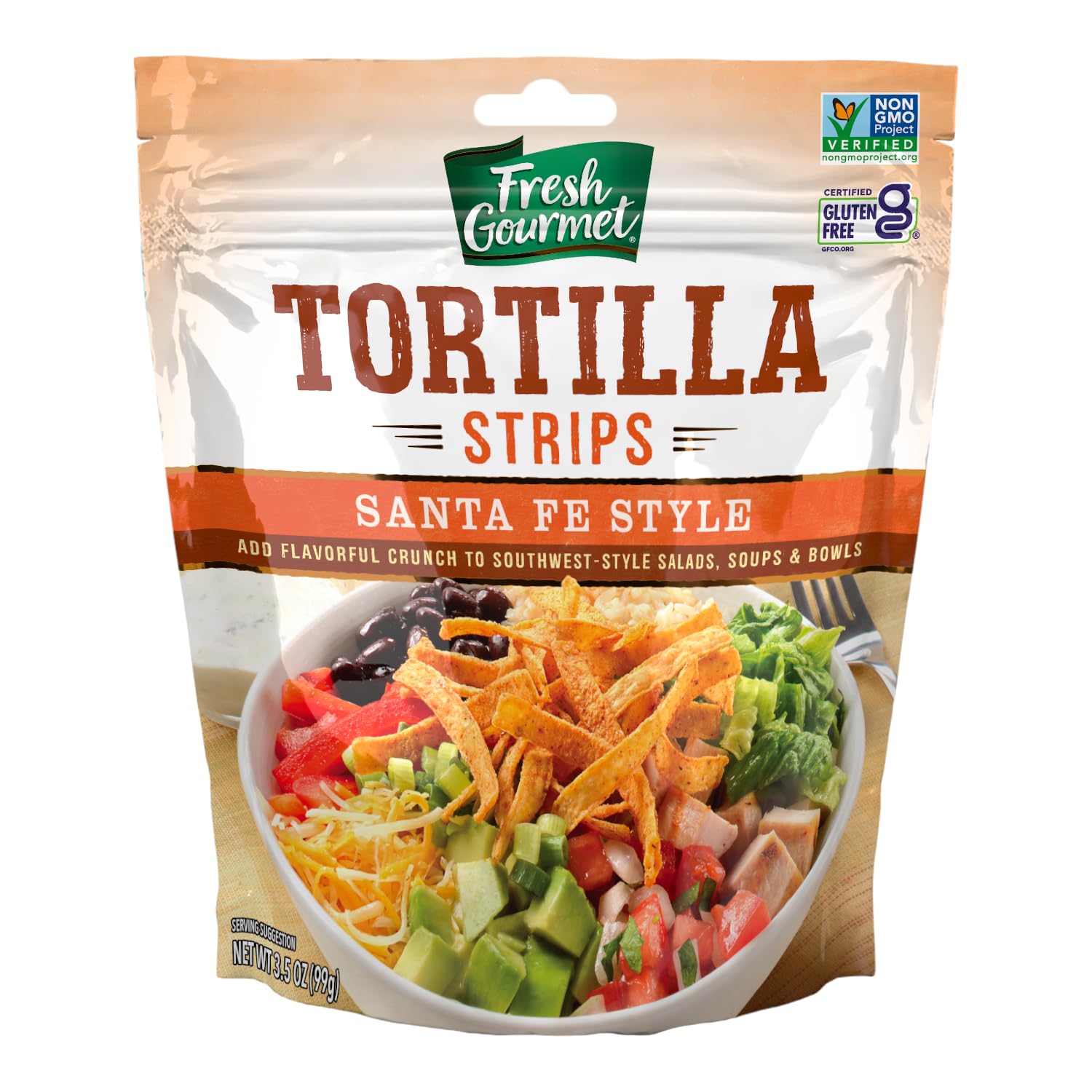 Fresh Gourmet front packaging showing Santa Fe tortilla strips and convenience