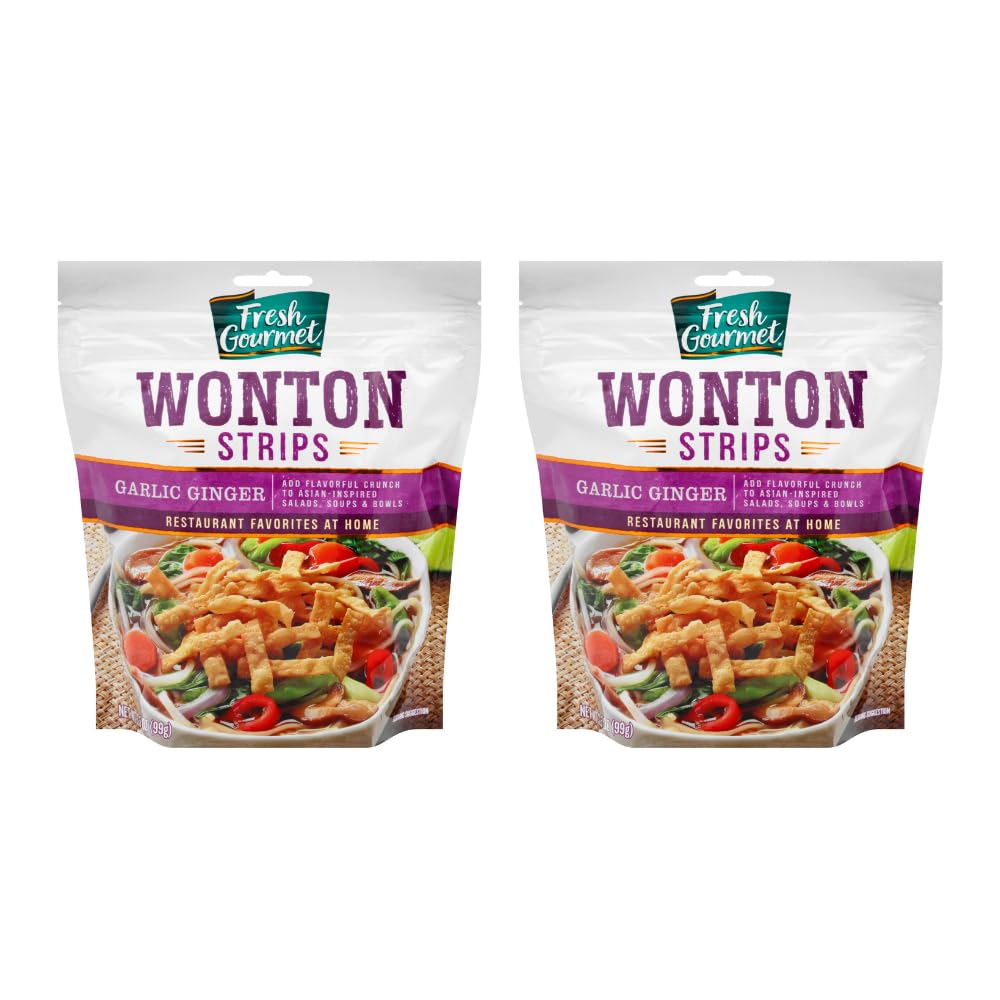 Fresh Gourmet front packaging showing 3.5 oz bag and garlic ginger flavor benefit crunch
