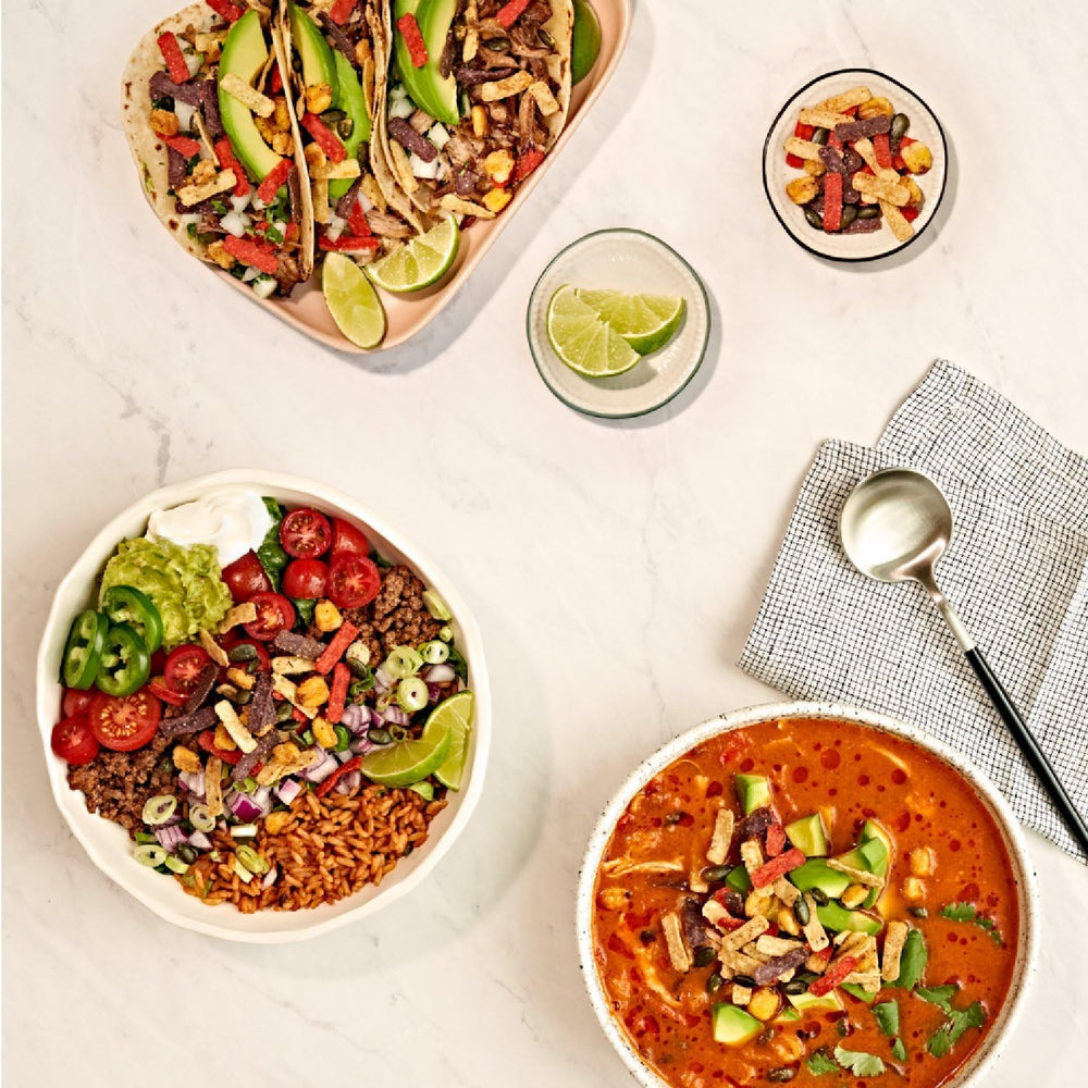 Fresh Gourmet sprinkled on salad bowl adding Southwestern flavor and crunch