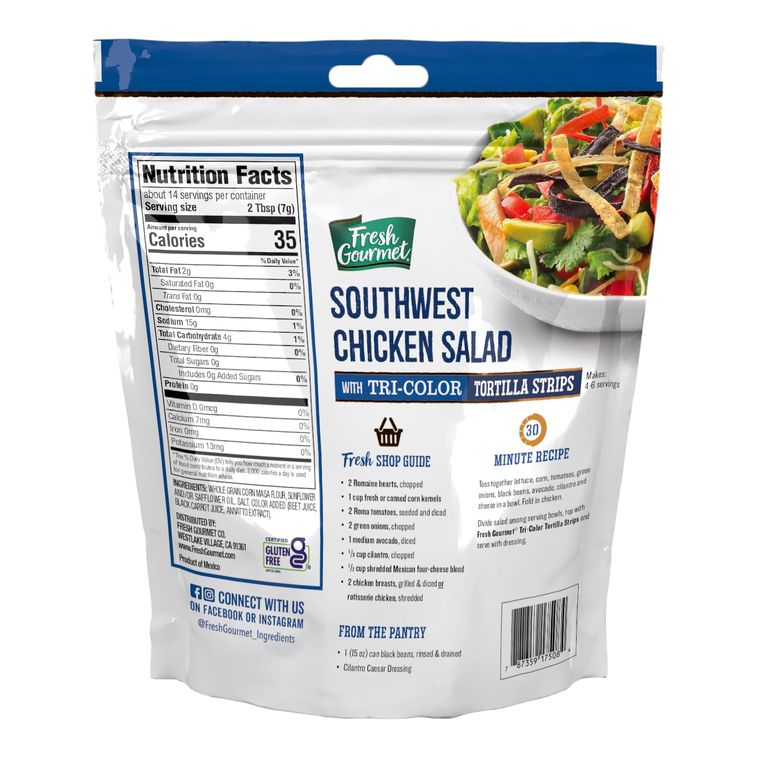 Fresh Gourmet open bag revealing ready-to-use tri-color tortilla strips