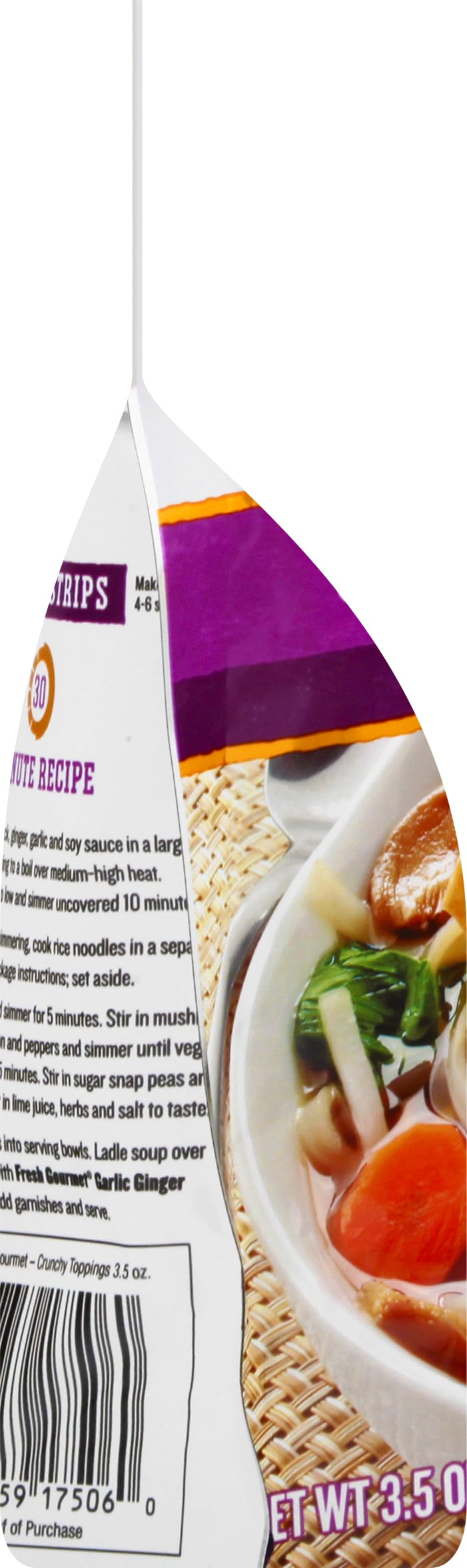 Fresh Gourmet wonton strips beside a hand showing bag size and portion convenience