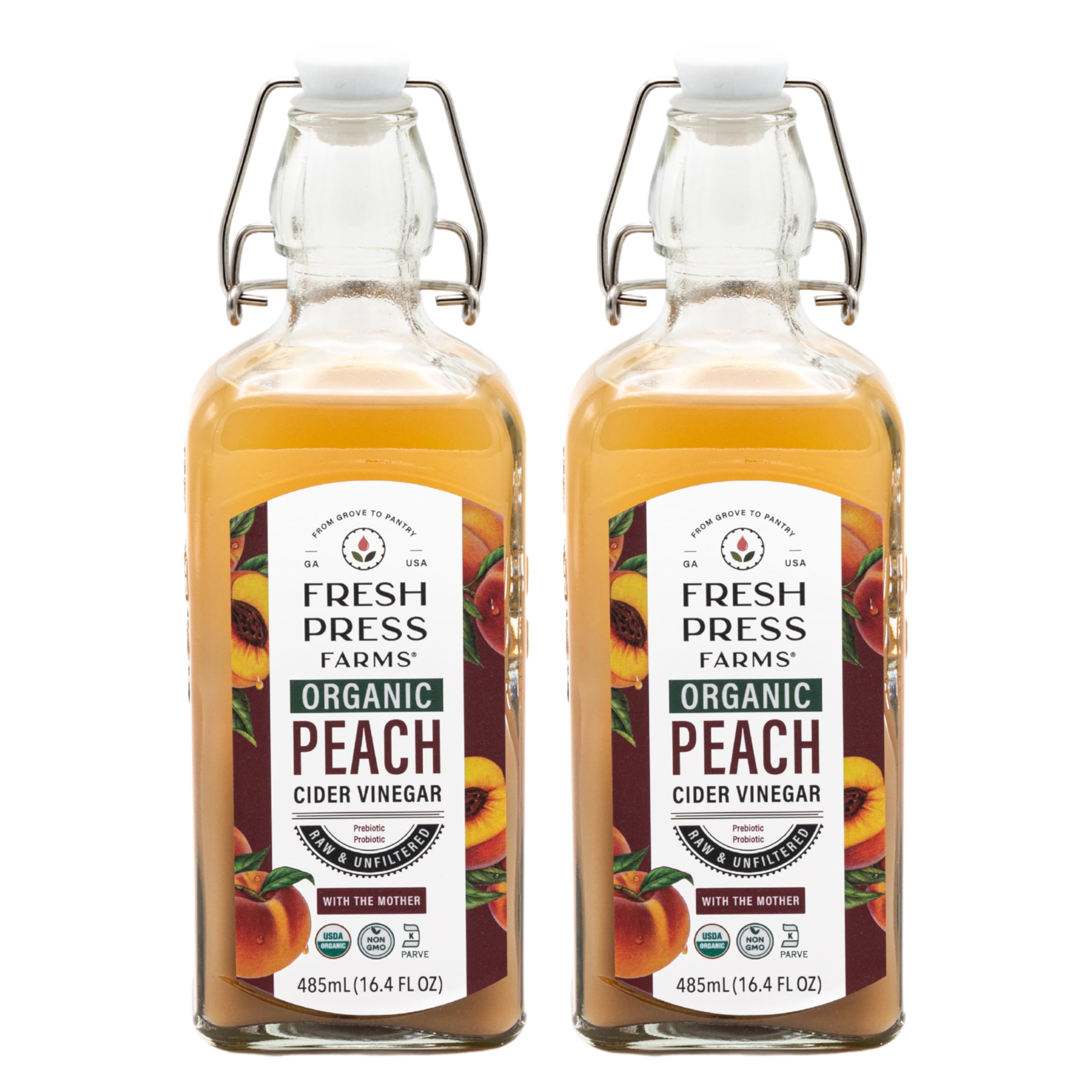 Fresh Press Farms front packaging showing two glass bottles and fruity peach label benefit: clear organic branding