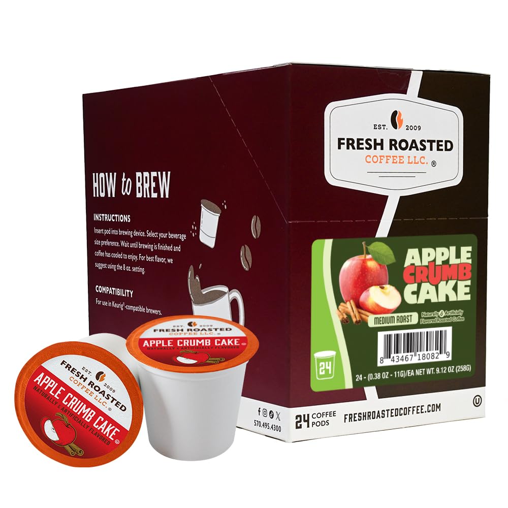 Fresh Roasted Coffee front box showing Apple Crumb Cake 24-count, seasonal flavor benefit