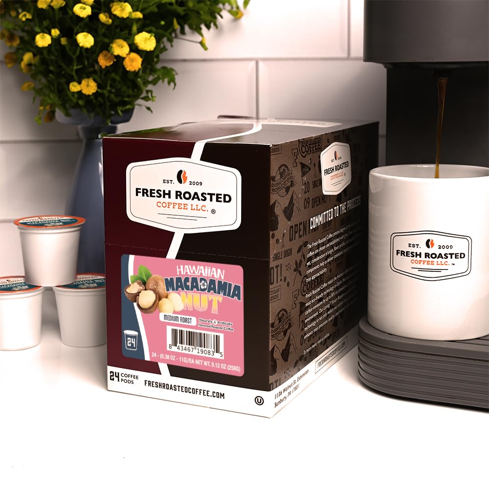 Brewed cup poured from Fresh Roasted Coffee pods with creamy notes and inviting aroma