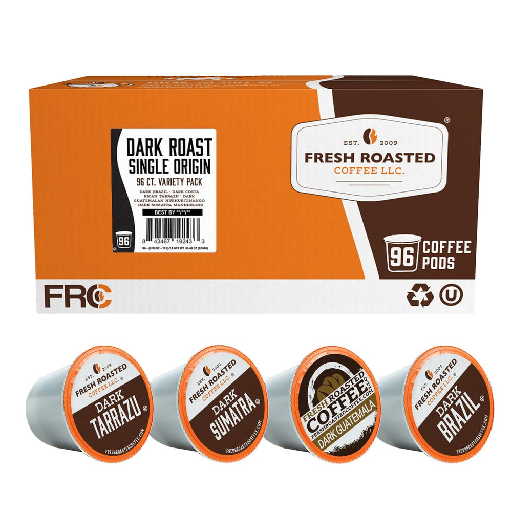 Fresh Roasted Coffee box front showing 96-count variety pack and bold branding benefit freshness