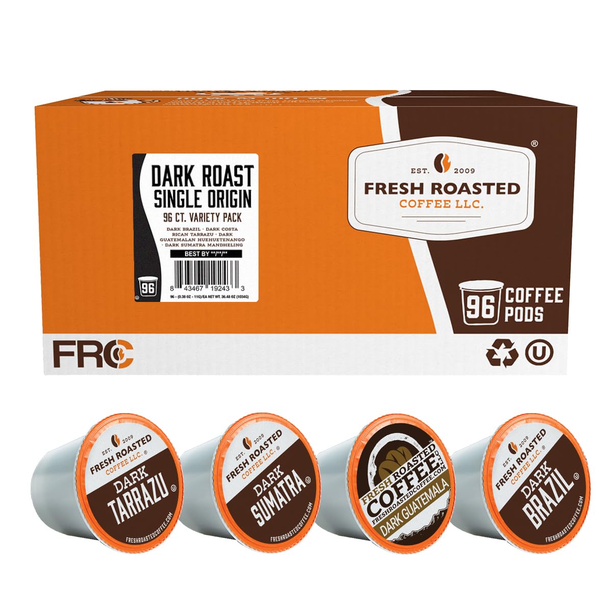 Fresh Roasted Coffee box front showing 96-count variety pack and bold branding benefit freshness