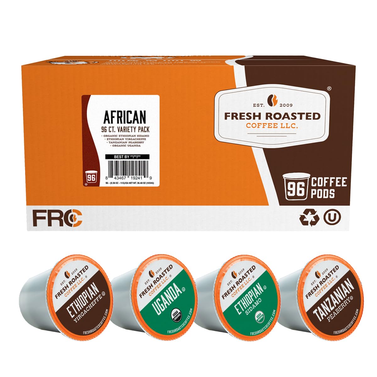 Fresh Roasted Coffee front packaging showing 96-count African variety pack benefits