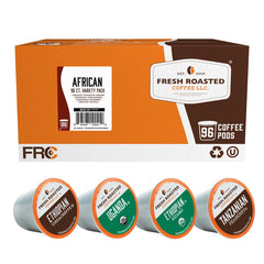 Fresh Roasted Coffee front packaging showing 96-count African variety pack benefits