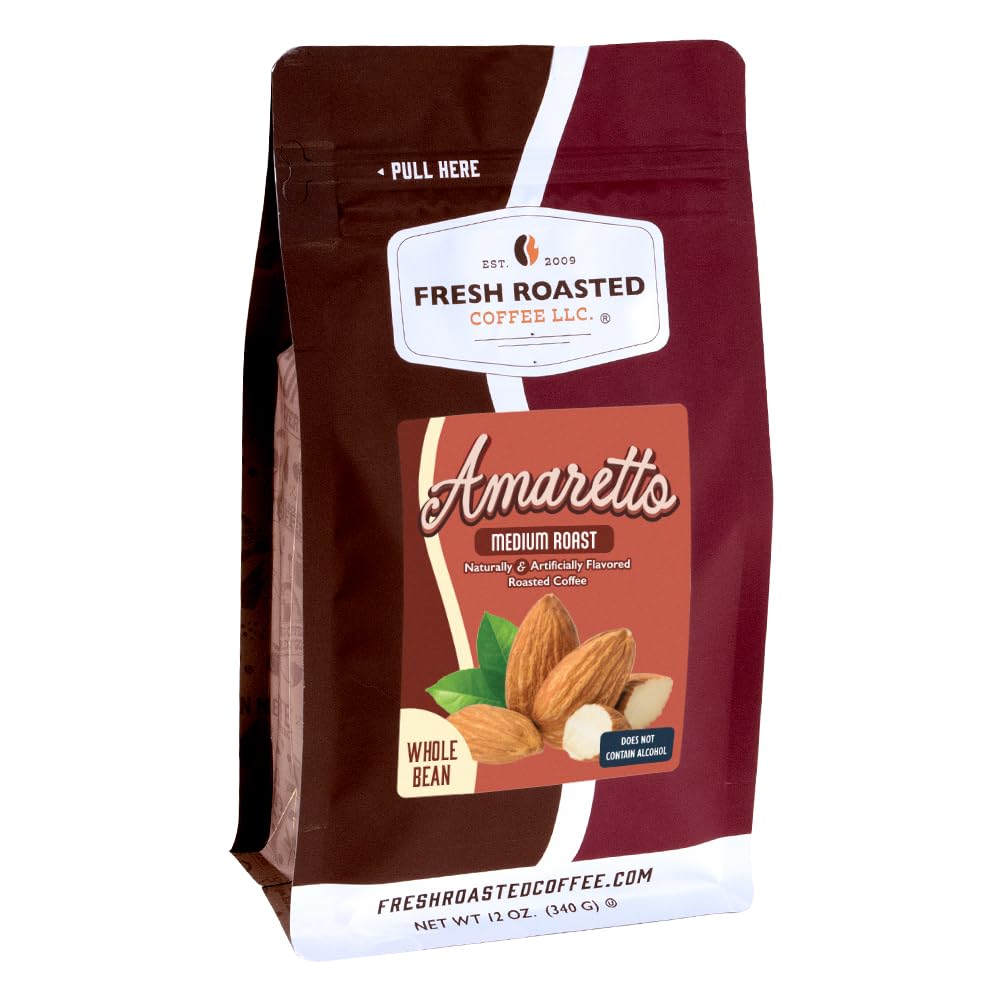 Fresh Roasted Coffee front package highlighting Amaretto flavor and freshness