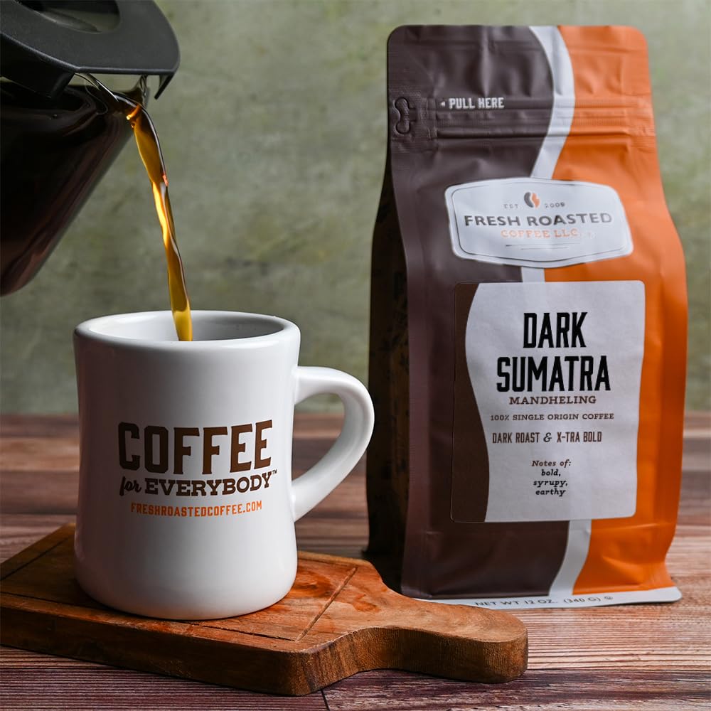 Fresh Roasted Coffee bag held in hand for scale, conveys 12 oz portion and convenient resealable benefit
